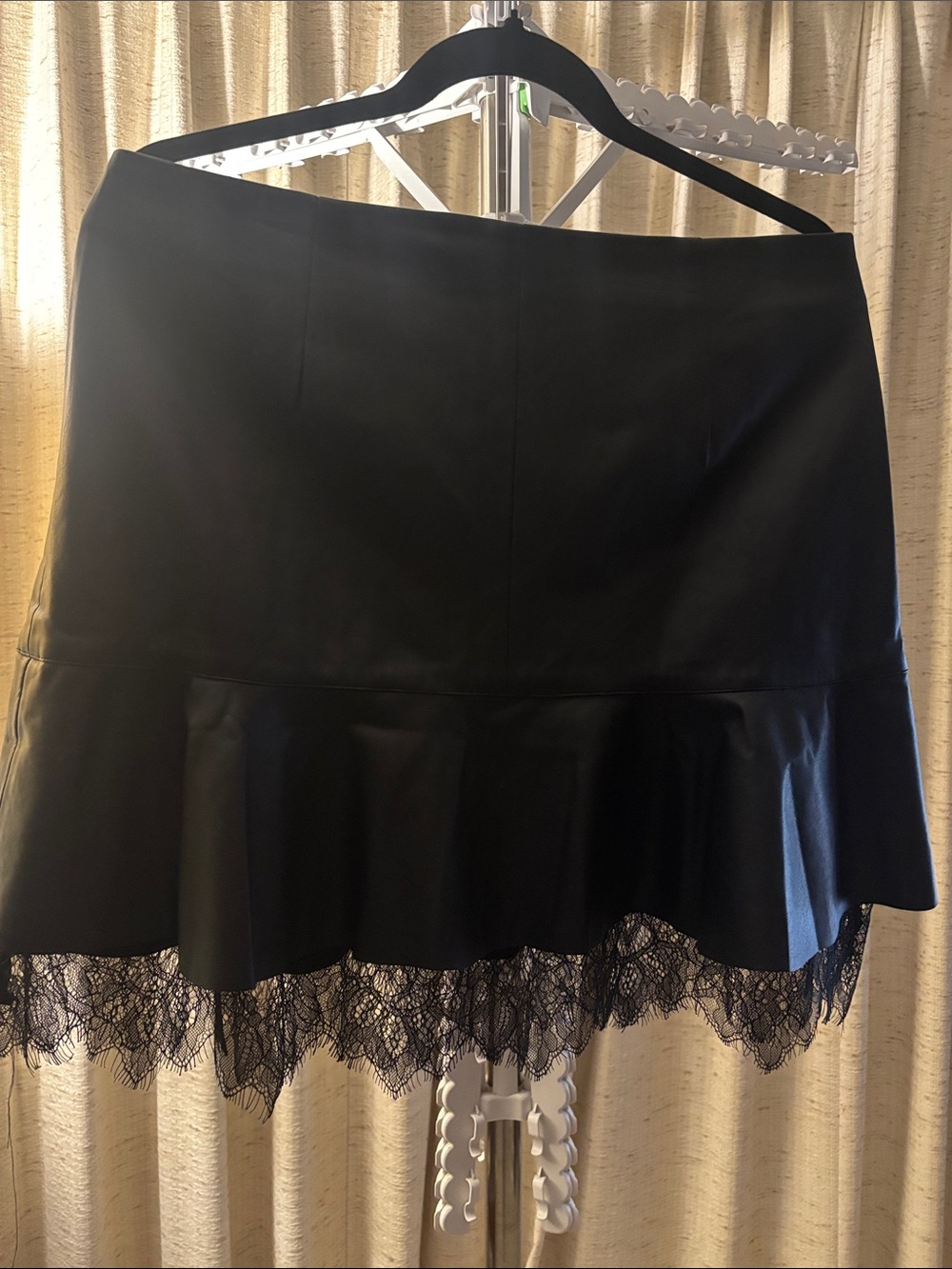 Black Lace-Hem Flounced Faux Leather Skirt - Women